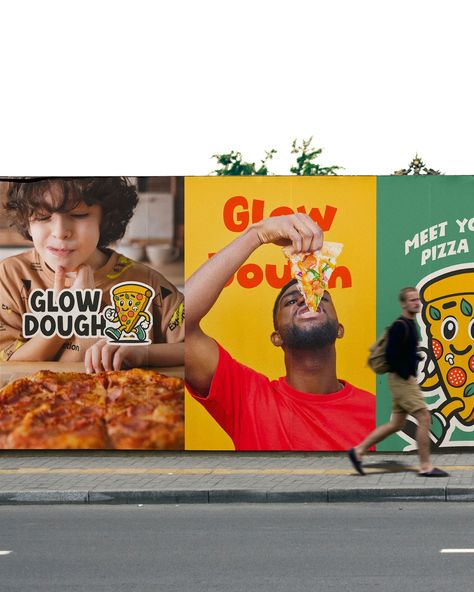 Glow Dough pizza branding (part 2/3) From dynamic billboards to inviting posters and innovative pizza box packaging, each design element weaves together a story that’s as unique as the pizzeria itself. Notice the playful use of graphic elements — mushrooms, basil, and pepperoni — each chosen for their visual appeal and relevance to pizza making, enhancing the food brand identity. These icons not only decorate but also communicate Glow Dough’s commitment to fresh, flavorful ingredients. W... Pizza Design Ideas, Pizza Advertising Creative, Pizza Box Packaging, Food Brand Identity, Dough Pizza, Pizza Branding, Pizza Shop, Pizza Making, Pizza Design