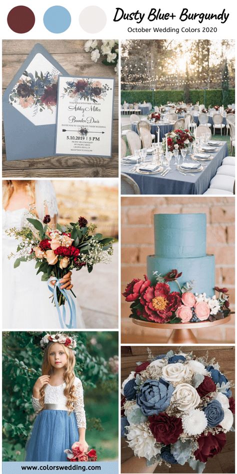 Blue And Maroon Wedding Theme, Burgundy Centerpiece Wedding, Early Fall Wedding Colors, Wedding Bouquet With Blue, Dusty Blue And Burgundy Wedding, Burgundy Centerpiece, Blue And Burgundy Wedding, October Wedding Colors, Blue Wedding Cake