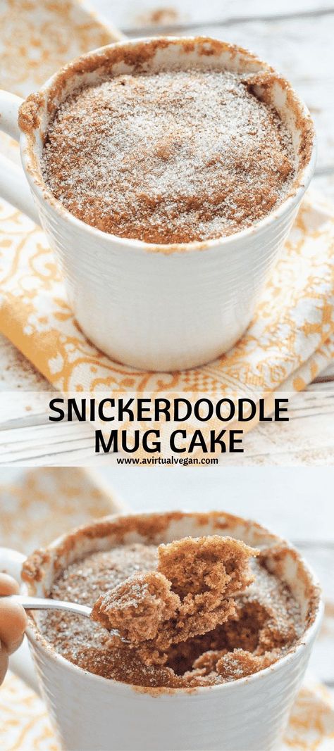 Have dessert ready in minutes with my super quick & easy Snickerdoodle Mug Cake. It's soft, fluffy & cinnamon-y & perfect for when you want something sweet without making a full-blown dessert!  #mugcake #cinnamon #snickerdoodle #vegan via @avirtualvegan Delishes Food, Snickerdoodle Mug Cake, Cake In A Mug Recipe, Snickerdoodle Recipes, Snickerdoodle Cake, Healthier Baking, Vegan Mug Cakes, Spring Dessert, Small Portions