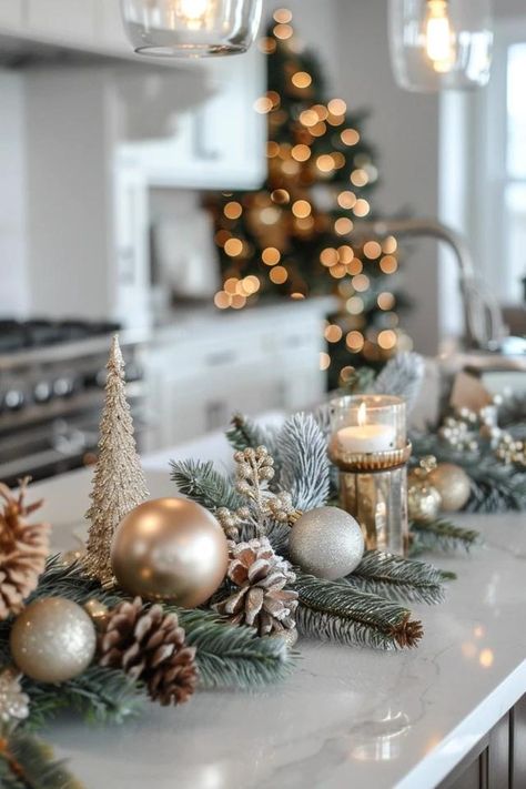 Festive Christmas Kitchen Decor Ideas for the Holidays Kitchen Mantle Christmas Decor, Modern Christmas Decor Kitchen, Classy Christmas Kitchen Decor, Decorate Kitchen Counter For Christmas, Christmas Kitchen Bar Decor, Christmas Kitchen Aesthetic, Christmas Decor For Island In Kitchen, Kitchen Holiday Decorating Ideas, Christmas Decor For Kitchen Cabinets