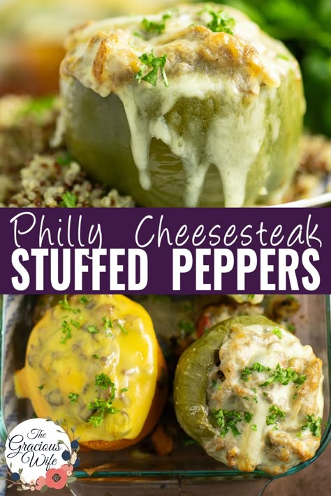 Quick and easy Philly Cheesesteak Stuffed Peppers are a unique twist on the classic sandwich with tender strips of beef sauteed with onions and mushrooms and then baked with lots of gooey cheese. Cheese Steak Stuffed Peppers, Steak Stuffed Peppers, Philly Cheese Steak Stuffed Peppers, Philly Cheesesteak Stuffed Peppers, Balance Eating, Kinds Of Steak, Cheesesteak Stuffed Peppers, Stuffed Peppers Recipe, Quick And Easy Dinner Ideas