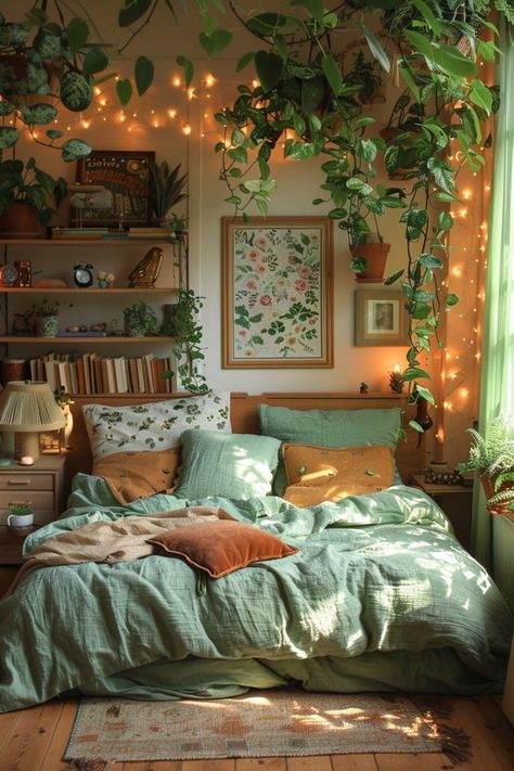 Terracotta Japandi, Granola Girl Bedroom Aesthetic, Small Vintage Bedroom, Vintage Bedroom Inspiration, Vintage Green Bedroom, Green Vintage Bedroom, 70s Bedroom Ideas, Bedroom Inspirations Vintage, Vintage Room Ideas