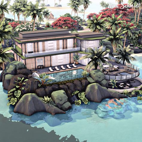 Sims 4 Sulani House, Sulani House, Sulani Homes Sims 4, Sims 4 Sulani, Maldives Bungalow, Sims 4 Beach House, Waterfall House, Beach Mansion, Die Sims 4