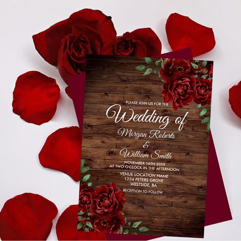 Rustic Wood Wedding Invitations, Rustic Wood Wedding, Wood Wedding Invitations, Red Rose Wedding, Burgundy Wedding Invitations, Spring Wedding Invitations, Rose Wedding Invitations, Wedding Anniversary Invitations, Fall Wedding Invitations