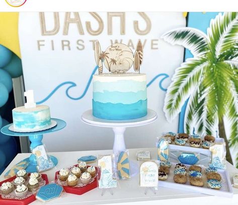 The Big One Wave Birthday, The Big One Cupcakes, Surf Smash Cake, The Big One Surf Birthday Cake, Retro Surf Birthday Party, First Wave Birthday Party, Boho Surf Birthday Party, The Big One Birthday Cake, First Wave Birthday