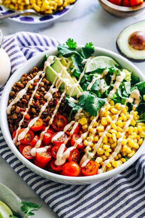 Easy Lentil Taco Salads - Making Thyme for Health Seasoned Lentils, Salsa Dressing, Lentil Tacos, Taco Salads, Romaine Salad, Buddha Bowls, Lentil Salad, Gluten Free Grains, Taco Meat