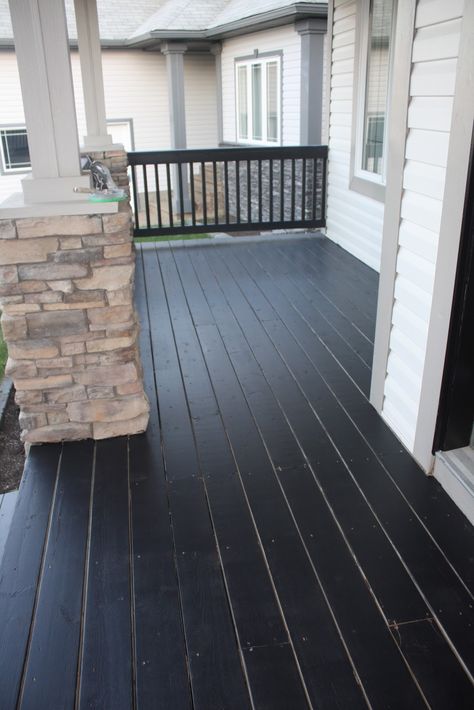 Brown Deck Black Spindles, Painted Front Deck, Black Stained Porch, Dark Stained Porch, Black Painted Porch Floor, Front Porch Floor Colors, Black Porch Floor, Black Front Porch Ideas, Dark Front Porch