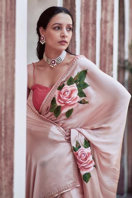 Buy Pink Satin Silk Hand Painted Roses Sweetheart Neck Saree With Blouse For Women by NEHA SAXENA Online at Aza Fashions. Neha Saxena, Hand Painted Saree, Painted Saree, Satin Silk Saree, Hand Painted Sarees, Painted Roses, Hand Painted Roses, Embroidered Border, Beaded Neckline