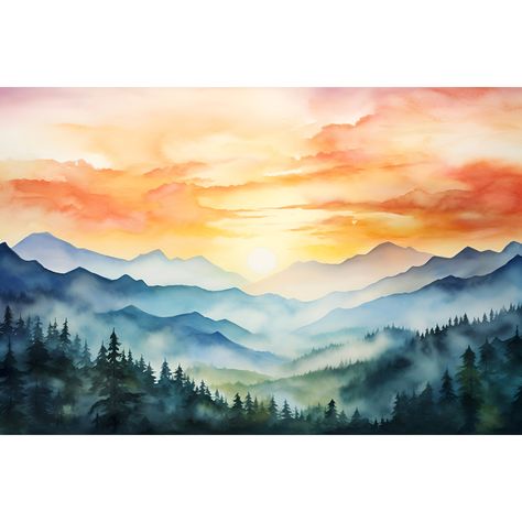 Buy Mount Le Conte Sunrise Painting Smoky Mountains National Park Tennessee Watercolor Art Print Panoramic Landscape Wall Art Pine Forest Print Online in India - Etsy Smoky Mountain Painting, Painting Landscape Watercolor, Painting Ideas Landscape, Landscape Watercolor Paintings, Watercolour Painting Landscape, Mountains Tennessee, Smoky Mountains Tennessee, Panoramic Landscape, Mountains Painting