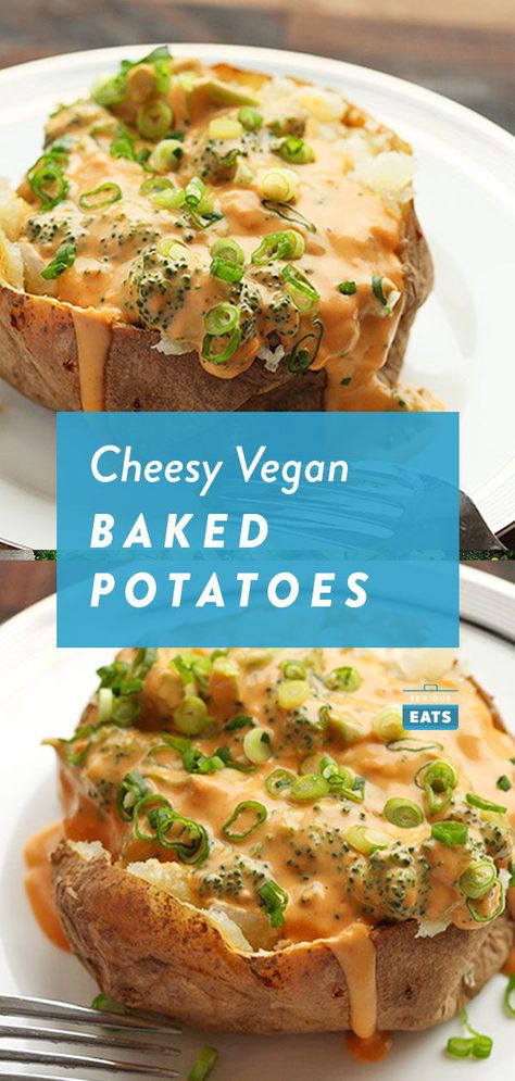 Cheesy Baked Potatoes, Vegan Potatoes, Vegan Baked Potato, Nacho Sauce, Vegan Potato Recipes, Vegan Nachos, Vegan Baked, Potato Toppings, Broccoli Recipe