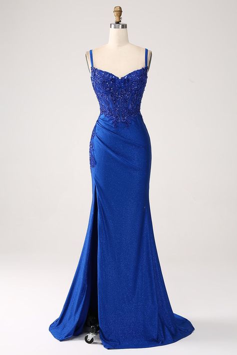 Dark Blue Glitter Prom Dress, Royal Blue And Gold Prom Dress, Royal Blue Prom Dress With Date, Royal Blue Homecoming Dress Couple, Prom Dress Inspiration Blue, Prom Royal Blue Dress, Royal Blue Dress Prom, Long Formal Dresses Elegant, Cobalt Blue Prom Dress