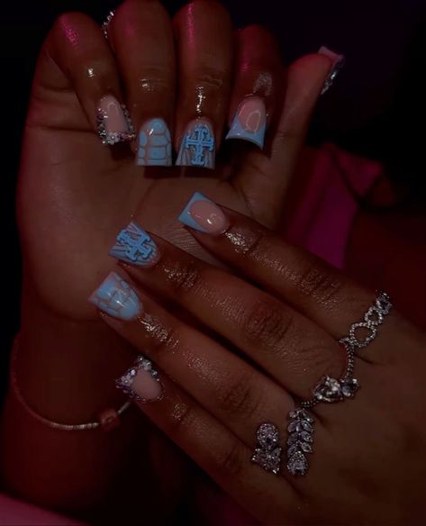 Duck Nail Designs With Charms, Blue Junk Nails, Short Nails With Charms, Blue Short Nails, Acrylic Nails Birthday, Duck Nails Short, Prom Essentials, Nail Maintenance, Nails With Charms