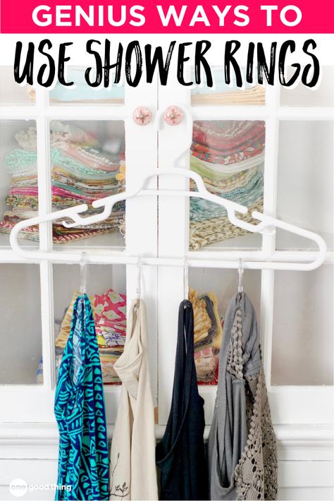 There are so many creative and genius ways you can use shower curtain rings around the house! They’re perfect for everything from organizing and storage, to decorating and teaching. Check out this list of clever ideas! Diy Vinyl Storage, Closet Space Savers, Cleaning Supplies Organization, Shower Rings, Wake Ideas, Useful Things, Shower Hooks, Organization Inspiration, Closet Rod