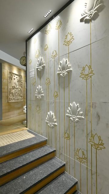 Marble Panelling Wall, Mandir Back Wall Design, Puja Room Design Indian Modern, Staircase Wall Design Modern, Stairs Mural, Staircase Wall Design, Puja Unit, Mandir Decor, Wall Cladding Interior