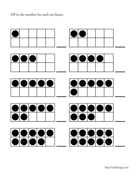 Print this ten frame printable worksheet for free with numbers 1-10 in order for kids to visualize and identify. Ten Frames Kindergarten, Number Sense Worksheets, Ten Frame Activities, Kindergarten Drawing, Number Sense Kindergarten, Paper Trail Design, Trail Design, Free Kindergarten Worksheets, Numbers Kindergarten