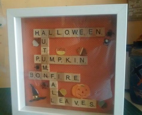 Halloween Scrabble Tiles, Fall Scrabble Tile Crafts, Halloween Scrabble Tile Crafts, Halloween Box Ideas, Scrabble Frames, Scrabble Tile Crafts, Scrabble Crafts, Fall Yard Decor, Witches Tea