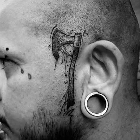 50 Hatchet Tattoo Designs For Men - Survival Mainstay Ink Ideas Tattoo Next To Ear, Viking Neck Tattoo For Guys, Survival Tattoo For Men, Viking Ear Tattoos For Men, Machado Tattoo, Viking Head Tattoos For Men, Hatchet Tattoo Design, Viking Face Tattoos For Men, Machado Viking Tattoo