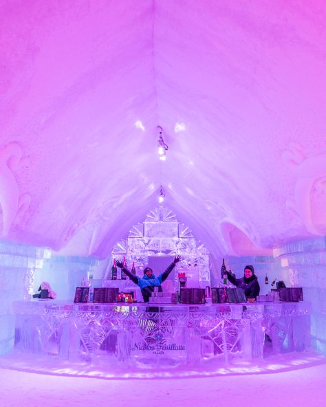 You can actually spend the night in an Ice Hotel in Quebec, Canada!! A unique, once-in-a-lifetime experience in a magical winter wonderland!! #icehotel #quebec #canada #ice #hotel #winter #vacation #holiday Ice Hotel Quebec, Madonna Inn, Ice Hotel, Ice Sculpture, Ice Bars, Indoor Waterpark, Magical Winter, Outdoor Spa, Vegan Travel