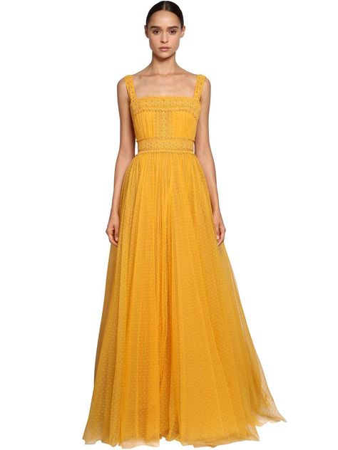 Elie Saab Tulle & Macramé Long Dress in Yellow - Lyst Yellow Formal Dress, Beef Empanadas, Church Fits, Yellow Gown, Maxi Dresses For Women, Yellow Dresses, 70s Inspired Fashion, Clothing Aesthetic, Layered Tulle Skirt