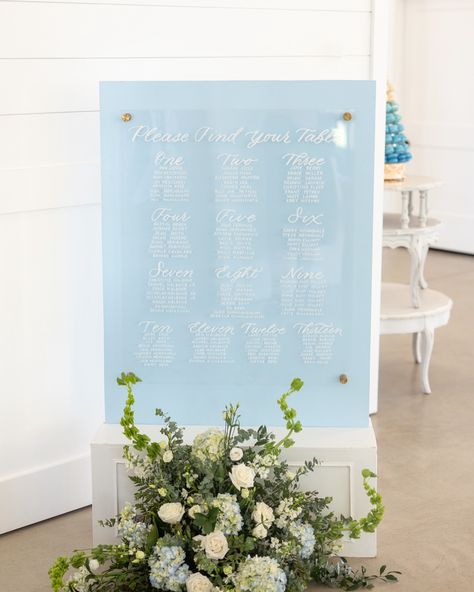 Still in love with this baby blue theme from @mbnalbone wedding back in May of this year! I love my mirror rentals but sometimes is so fun to break out of that box. For Mary Beth we talked through the details of what she was looking for previous seating chart she loved and so we created a large scale seating chart with other acrylic signage to match! I also loved adding the smaller details into a wedding day as well with these precious vow booklets. There are so many parts of the wedding ... Wallpaper Seating Chart Wedding, Wallpaper Seating Chart, Sea Glass Seating Chart, Blue Seating Chart Wedding, Vow Booklet, My Mirror, Acrylic Signage, Blue Theme, Still In Love