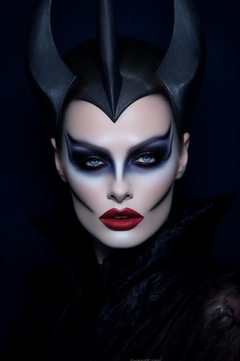 Halloween Malevolent Maleficent makeup inspired by famous Disney villain Dark Disney Villains, Disney Villains Makeup Ideas, Maleficent Halloween Makeup, Women’s Halloween Makeup, Malificiant Make Up, Maleficent Makeup Halloween, Evil Makeup Looks, Maleficient Makeup, Black And White Graphic Liner