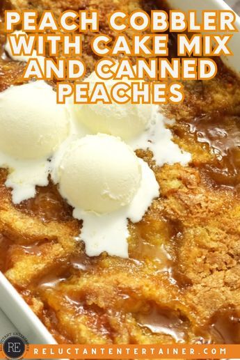 Peach Cobbler with cake mix and canned peaches is super easy, totally delicious, and just as good as anything scratch-made! Cake Mix Peach Muffins, Jiffy Cake Mix Peach Cobbler, Peach Cobbler With Cake Mix Yellow, Peach Cobbler Easy Cake Mix Recipes, Peach Cobbler Recipe With Cake Mix, Can Peaches Recipes, Cake Recipes Cheesecake, Can Peach Cobbler, Cake Mix Peach Cobbler