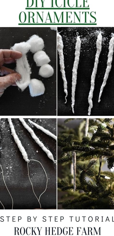 Learn how to make these old fashioned DIY icicle ornaments with this step by step tutorial for Christmas. This is a great way to make homemade vintage, primitive style spun cotton icicles with loops for hanging as ornaments. #christmastime #xmas #merrychristmas Diy Christmas Icicle Ornaments, How To Make Icicles Diy, Diy Snowflake Christmas Ornaments, Diy Tiny Christmas Ornaments, Diy Christmas Icicles, Primitive Diy Projects, Diy Icecicles Decorations, Diy Simple Ornaments, Cotton Christmas Decor