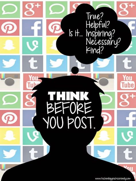 Probably the most pinned posts and imageson this blog are those that include the Before you Speak: THINK posters.  I created the first one back in 2011 here and then have updated it several times here Think Before You Click Poster Drawing, Digital Citizenship Posters, Poster Drawing Ideas, Technology Bulletin Board, Footprint Poster, Think Before You Post, Think Poster, Digital Citizen, Student Tips