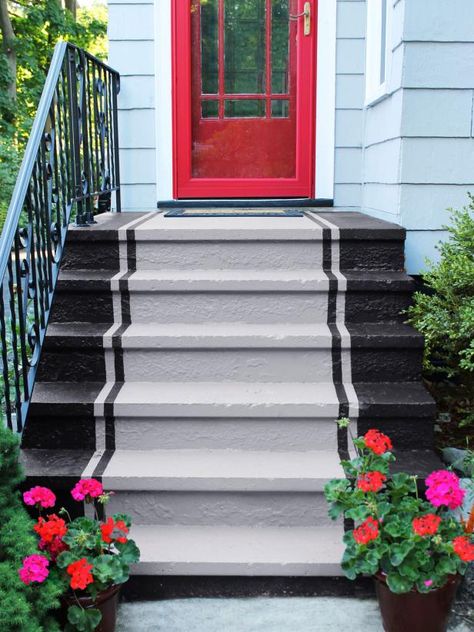 HGTV Magazine has the tips and tricks you need to know to properly paint concrete steps. Concrete Front Steps, Painted Porch Floors, Cement Steps, Paint Concrete Patio, Painted Concrete Steps, Front Porch Steps, Painted Staircases, Porch Paint, Cement Patio