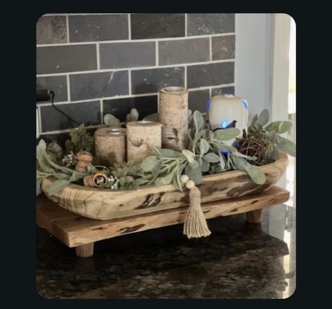 Country Farmhouse Table Decor, How To Decorate A Long Dough Bowl, Large Tray Decor, Dough Bowl Fireplace Decor, Wooden Centerpieces Dining Room, Dough Bowl On Mantle, Styling A Wooden Bread Bowl, Woodsy Bathroom Ideas Rustic, Dough Bowl Decor Spring