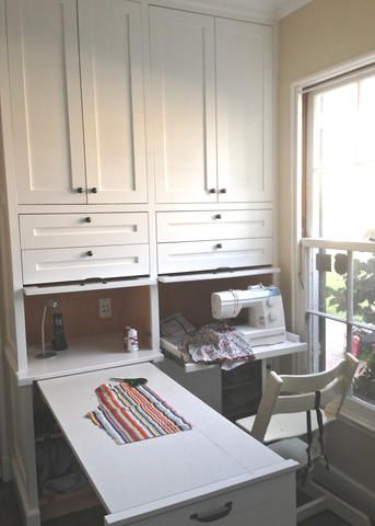 Craft Built Ins, Craft Room Built In Storage, Built In Sewing Center, Sewing Table In Bedroom, Pull Out Sewing Table, Murphy Craft Table Storage, Murphy Table Craft Room, Built In Sewing Machine Table, Pull Out Craft Table