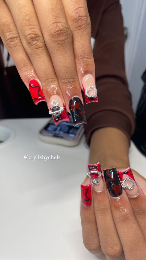 Red And Black Duck Nails, Shorties Nails Red, Red Freestyle Acrylic Nails, Red Junk Nails, Red Nail Sets, Hoco Nails, Birthday Nail, Wave Nails, Junk Nails