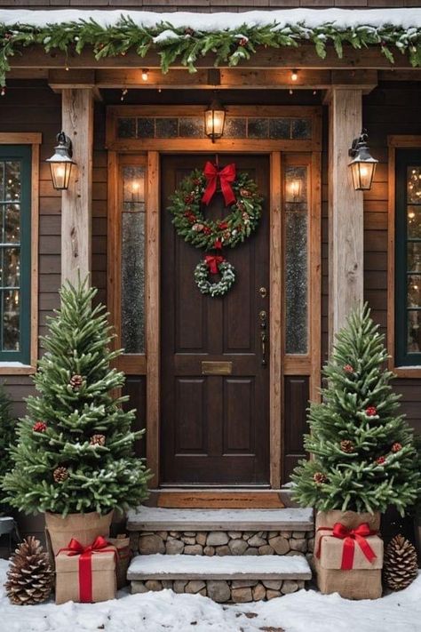 Christmas Front Porch With Trees, Seasonal Porch Decor, Christmas Double Door Decor, Front Porch Christmas Tree Ideas, Decorating Porch For Christmas, Christmas Pergola, Small Front Porch Christmas Decor Ideas, Christmas House Exterior, Christmas Decor Door