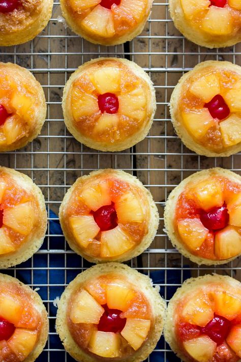 pineapple upside down cupcakes Crowded Table, Upside Down Cupcakes, Can Pineapple, Mini Pineapple Upside Down Cakes, Caramelized Pineapple, Pineapple Upside Down Cupcakes, Cupcakes Easy, Opening A Bakery, Pineapple Chunks