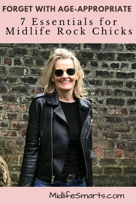 Forget Age-Appropriate Outfits.  7 Essentials for Midlife Rock Chicks.  Biker Jacket and Sunglasses are Must-Haves Middle Age Rocker Chic, Bikers Jacket Womens Outfit, Petite Concert Outfit, Rock Of Ages Outfits, Biker Jacket Outfit Women, Rock Chic Outfits, Unusual Vintage Jewelry, Biker Boots Outfit, Rock Chick Style