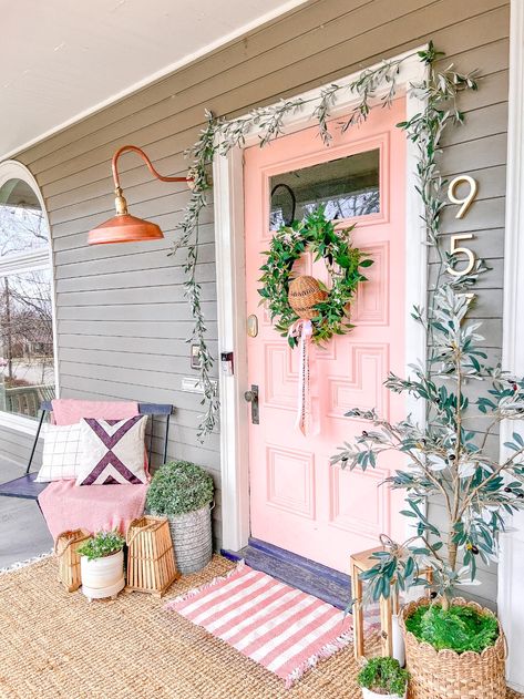 Girly Front Porch Ideas, Porch Floral Ideas, Colorful Porch Decor, Grandmillenial Front Porch, Colorful Front Porch, Feng Shui Money Corner, Beautiful Porches, Pink Doors, Spring Front Porch Decor