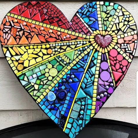 My favorite custom mosaic heart that I've created so far.  It measures 16"x16" and I call this my 'Rainbow Heart' style. Do u need one of these in ur life?? Available in my Etsy shop... #wisecrackinmosaics #wildandfunky #rainbowstyle #rainbowheart #rainbowmosaic #unique #mosaicsartist #ooak #orderfromme #etsy #etsyseller #etsyshopowner #etsybestsellers #etsyofinstagram #mosaicart #oneofakind #checkitout Mosaic Art Ideas, Glitter Tiles, Paper Mosaic, Mosaic Heart, Mosaic Art Projects, Mosaic Madness, Mosaic Stained, Funky Style, Mosaic Tile Art