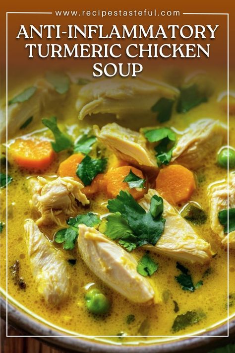 This nourishing Anti-Inflammatory Turmeric Chicken Soup is packed with vibrant flavors and healthy ingredients. Featuring tender chicken, fresh vegetables, and aromatic spices, it’s perfect for a comforting meal. The addition of turmeric, ginger, and coconut milk not only enhances the taste but also provides anti-inflammatory benefits. Serve hot with a sprinkle of fresh cilantro and a squeeze of lemon for a zesty finish! Lemon Ginger Turmeric Chicken And Rice Soup, Nourishing Chicken Soup, Anti Inflammation Tumeric Chicken Soup, Soup For Healing, Anti Inflammation Chicken Soup, Tumeric Soup Recipe, Chicken Detox Soup Recipe, Chicken Turmeric Soup, Tumeric Chicken Soup Recipe