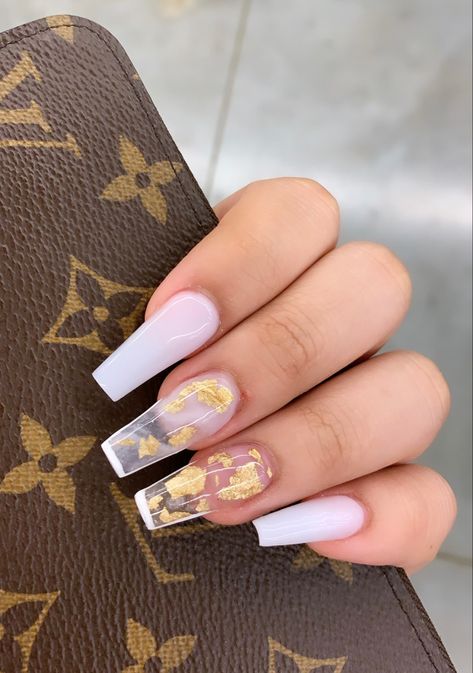 Encapsulated Nails White, White Acrylic Nails With Gold Flakes, Simple Encapsulated Nails, Gold Flake Nails White, Almond Nails With Foil Flakes, Clear With Gold Nails, Clear With Gold Flakes Nails, Gel X Nails Encapsulated, White And Gold Flakes Nails