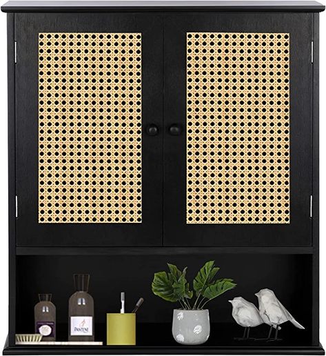 Black Medicine Cabinet, Rattan Storage Cabinet, Bamboo Cabinets, Medicine Cabinet Organization, Wall Mounted Bathroom Storage, Organizing Bathroom Cabinets, Floating Cabinets, Bamboo Bathroom, Cabinet Wall