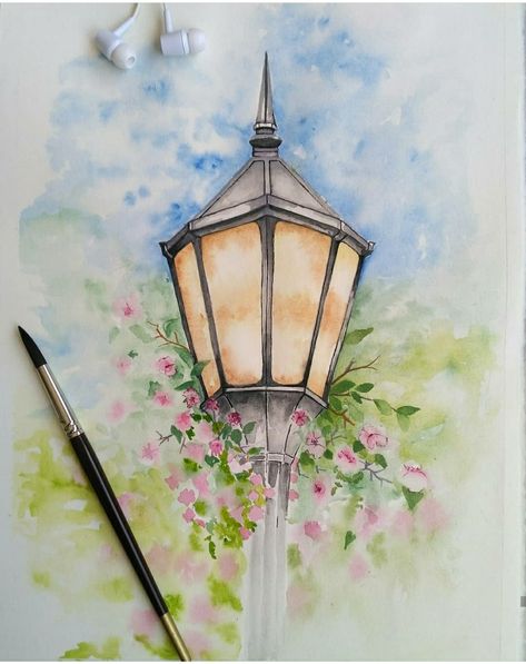 Lamp Watercolor Painting, Lamppost Painting, Watercolor Art For Beginners Landscape, Easy Acrylic Painting Ideas, Watercolor Art Landscape, Watercolor Paintings Nature, Acrylic Painting Ideas, Easy Acrylic Painting, Watercolor Flowers Tutorial