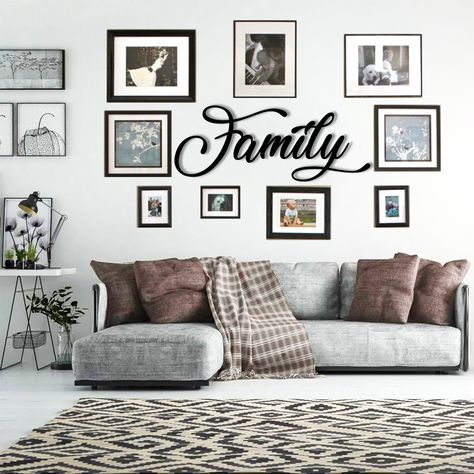 PRICES MAY VARY. Family Metal Wall Decor: Family sign wall decor is designed with the vintage but active glyph design of Family, which is comfortable and homespun, adding a cosy atmosphere to your home.Not only can be used as a beautiful hanging decoration, but also can bring joy by creating an elegant and special atmosphere Metal Family Sign Wall Decor: The letters for wall decor are made of high-quality cold-rolled steel, smooth and lightweight, can decorate your room for a long time. Each pie Family Wall Letters, Picture Decor Ideas Living Room, Picture Wall Ideas For Hallway, Photo Wall Home Decor, Wall Family Picture Ideas, Family Photo Wall Ideas Living Rooms Layout Picture Arrangements, Mixtiles Photo Wall Living Room, Great Room Wall Decor Ideas, Rustic Living Room Wall Decor Ideas