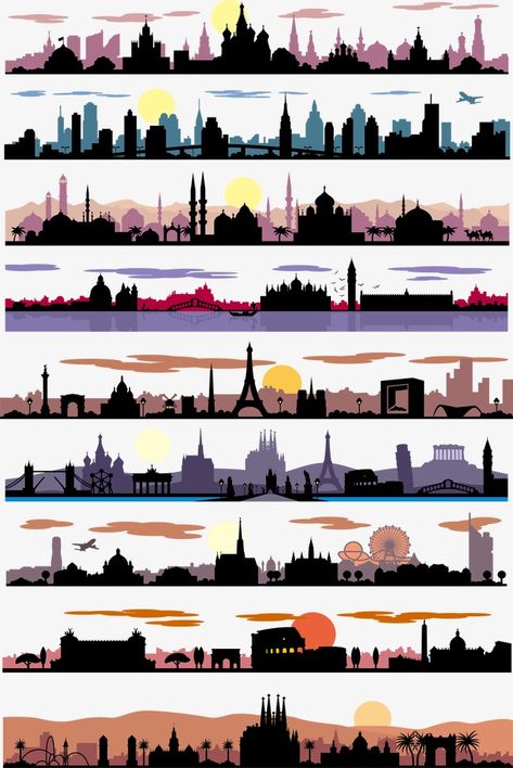 City Skyline Silhouette, طابع بريدي, Skyline Silhouette, City Silhouette, Sunset Silhouette, Vector Banner, Sunset City, Scrapbook Stickers Printable, City Illustration