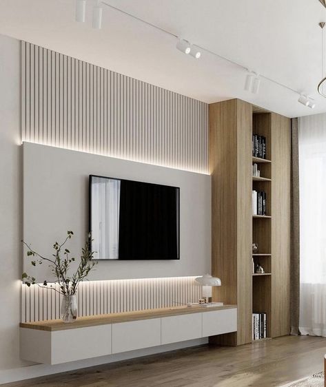 Living Room Wall Slats, Reception Sofa Design, Living Room With No Tv, Tv Wall Panelling, White Tv Unit, Living Rooms Ideas, Ruang Tv, Tv Unit Furniture Design, Narrow Living Room