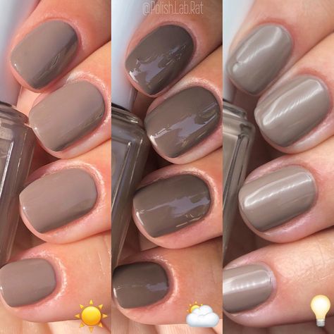 @essie - Easily Suede - Fall 2019 Sweater Weather Collection. This is a warm grey with taupe undertones as described in the Essie website,… Brown Grey Nails, Grey Brown Nails, Light Brown Nails, Grey Manicure, Taupe Nails, Autumn 23, Makeup Finds, Grey Nail Polish, Brown Nail Polish