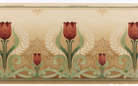 1920’s Bathroom, Wallpaper Frieze, Art Nouveau Tulip, Stenciled Walls, Tulip Wallpaper, Art Nouveau Design, Borders And Frames, Red Tulips, Dark Olive Green