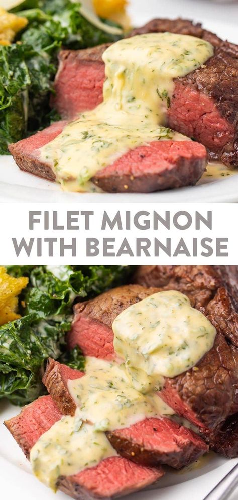 This filet mignon is absolutely perfect: medium rare and totally tender, smothered in a rich, buttery bearnaise sauce. The techniques to make the steak and the bearnaise both are so simple, it makes date night or Valentine's Day a cinch but will knock your guest off their feet. #steak #filetmignon #sauce #valentinesday #datenight Bearnaise Sauce Recipe, Perfect Filet Mignon, Bernaise Sauce, Béarnaise Sauce, Recipe Sauce, Mignon Steak, Filet Mignon Recipes, Filet Mignon Steak, Fish Eggs