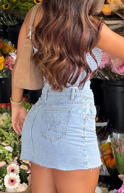 Siletto Star Light Wash Denim Low Rise Mini Skirt – Beginning Boutique Low Rise Mini Skirt, Prom Midi Dress, 60's Dress, Summer Playsuit, Semi Formal Dresses, Star Light, Beginning Boutique, Strapless Tops, Long Crop Top