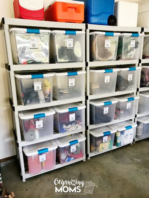 Bins labeled with Duck Pack and Track labels with QR codes Labeling Storage Totes, Qr Code Storage Labels, Organize Bins, Labels For Storage Bins, Organizing Boxes, Furnace Room, Storage Bins Organization, Basement Storage, Organized Mom