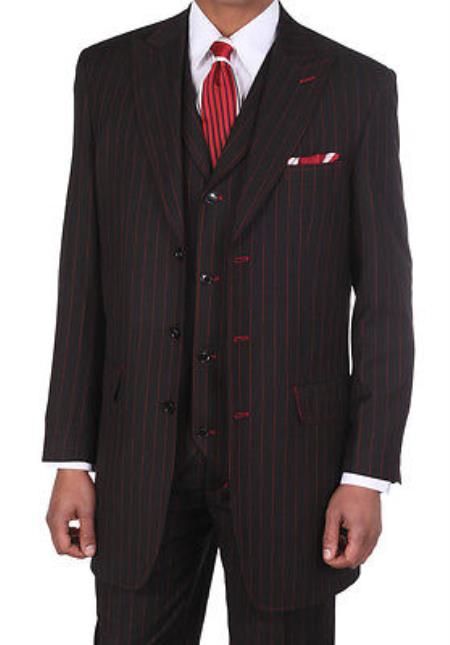 SKU# RT3 Exclusive Stunning Mens Black & Red Dress Pinstripe 3 Buttons Suit ( Not Long ) Big Man Suits, Gangster Suit, Black Three Piece Suit, Wedding Suits Men Black, Mens Vintage Vest, Red Overcoat, Black And Red Suit, Cheap Suits, Suit Man